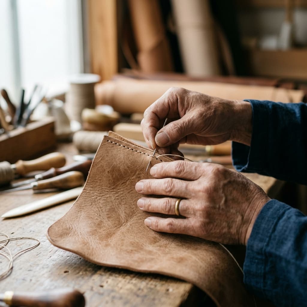 Close-up of a maker working on leather